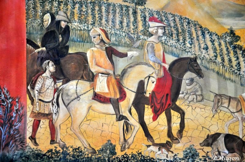 Castello Di Amorosa: фреска с верховыми всадниками и пастухом у виноградников